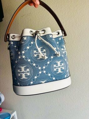 Tory Burch Blue and White Logo Drawstring Mini Bucket Bag